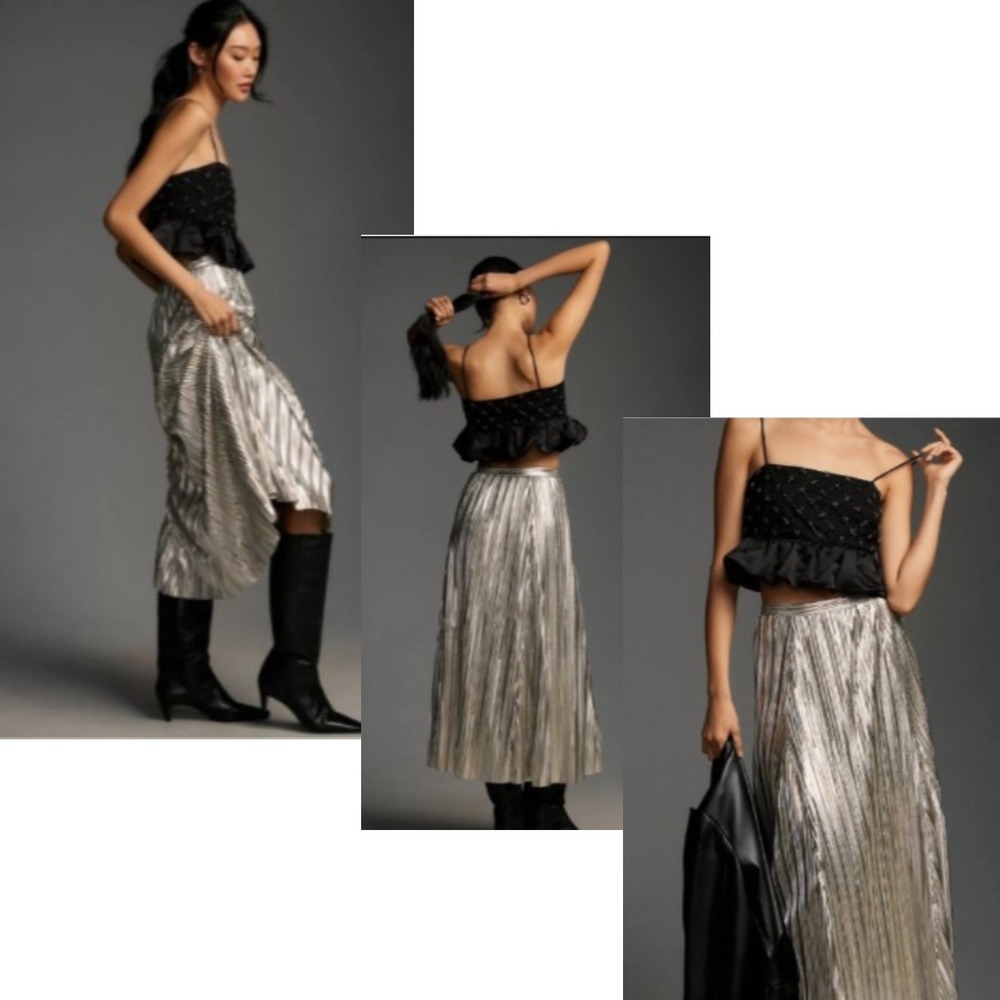 By Anthropologie Metallic Pleated Midi Skirt Silver XS OB2080543 Holiday Party - Picture 16 of 16